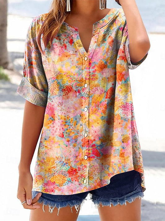 Women's Vintage Floral Art Print Casual Cotton And Linen Shirt