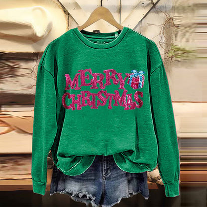 Comstylish Merry Christmas Embroidered Crew Neck Sweatshirt
