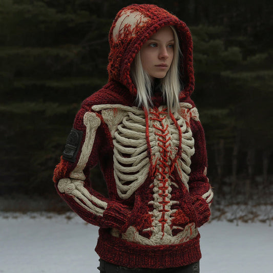 Women's Vintage Halloween Skeleton Gradient Knit Hooded Sweater artswardrobe