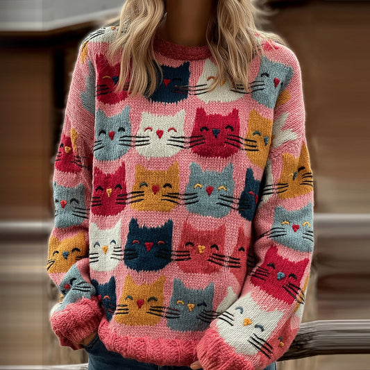 Women's Colorful Cats Pattern Art Cozy  Knit Sweater artswardrobe