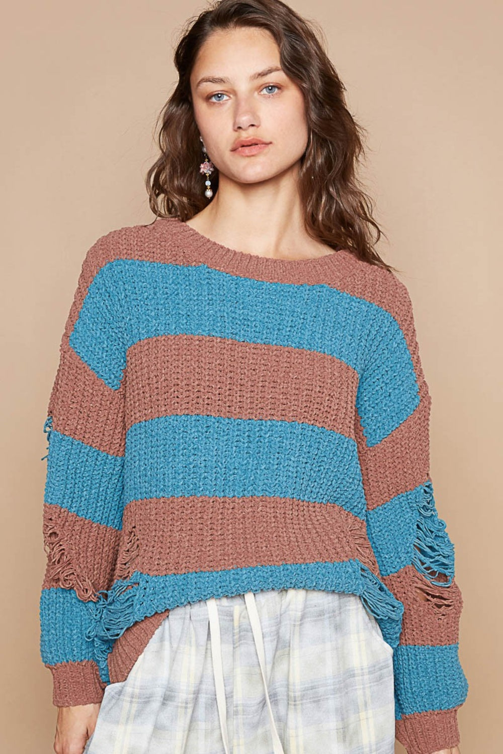 Julia® | Striped, long-sleeved sweater with a used look