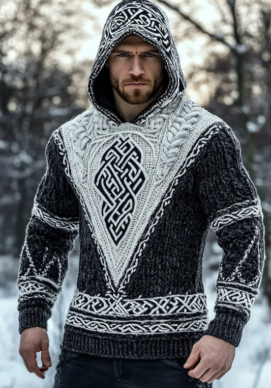 Men's Vintage Viking Celtic Jacquard Chunky Hooded Sweater artswardrobe