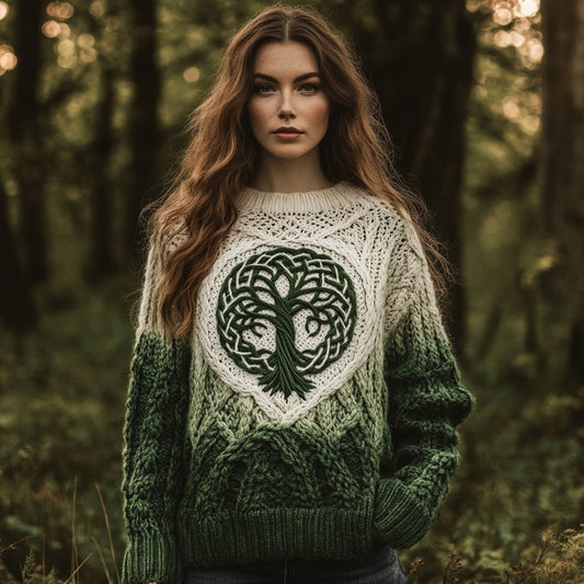 Women's Celtic Tree Of Life Jacquard Ombre Crew Neck Sweater artswardrobe