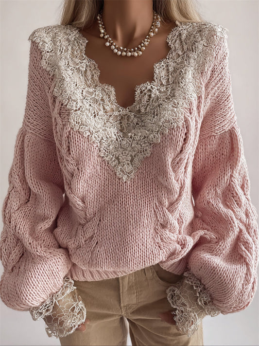 Vintage Lace Patchwork V Neck Cozy Cable Knit Sweater artswardrobe