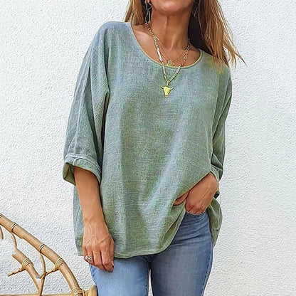Women's Cotton And Linen Casual Loose Round Neck Long Sleeve T-shirt artswardrobe