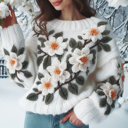 Women'S  Floral Apricot Blossom Jacquard Knit Crew Neck Sweater artswardrobe