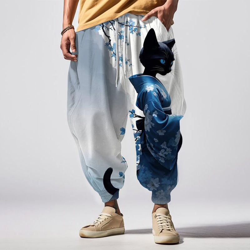 Japanese Art Elegant Sakura Kimono Cat Print Casual Loose Drawstring Waist Sweatpants elevenforest