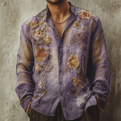 Men's Vintage Boho Floral Embroidered Flowy Linen Shirt artswardrobe