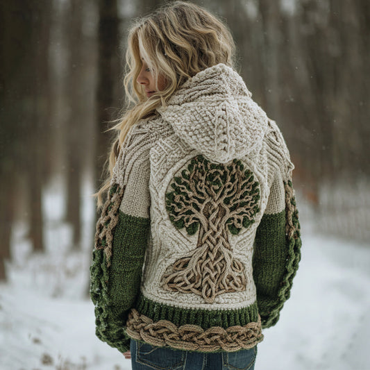 Women's Viking Tree Of Life Celtic Knot Pattern Cozy Knit Hooded Sweater artswardrobe