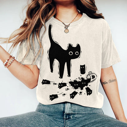 Comstylish Women's Abstract Creative Cute Black Cat Art Print T-shirt