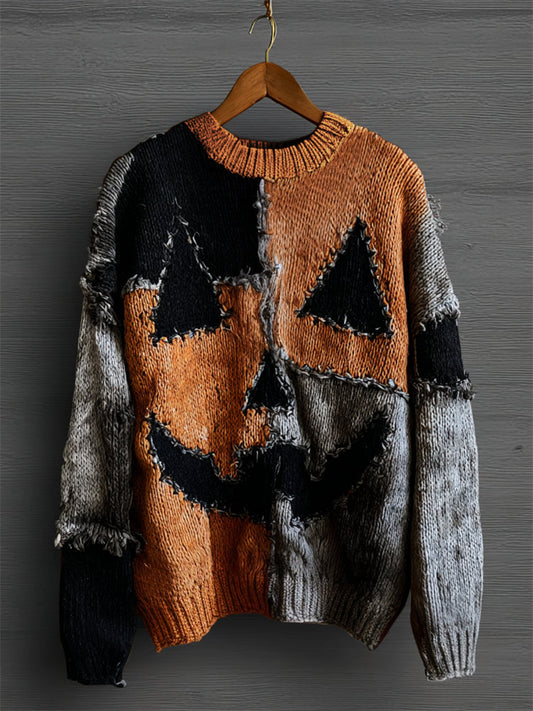 Halloween Pumpkin Face Colorblock Stitched Cozy Knit Sweater artswardrobe