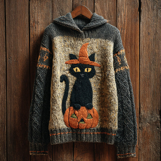 Halloween Witch Cat & Pumpkin Art Women's Hooded Sweater artswardrobe