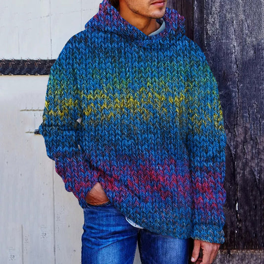 Men's Vintage Colorful Chunky Knit Crochet Art Cozy Hooded Sweater artswardrobe