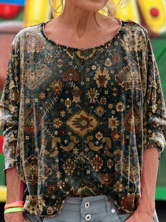 Women's Vintage Ethnic Floral Art Print Casual Long Sleeve T-shirt