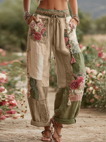 Love & Health Collection Retro Rose And Floral Patchwork Art Linen Pants artswardrobe