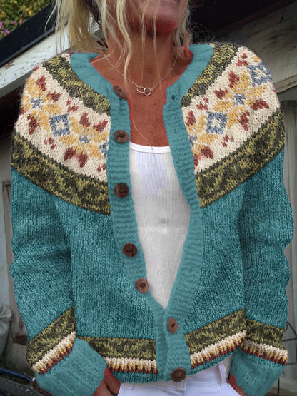 Vintage Icelandic Pattern Art Print Cozy Button Sweater elevenforest
