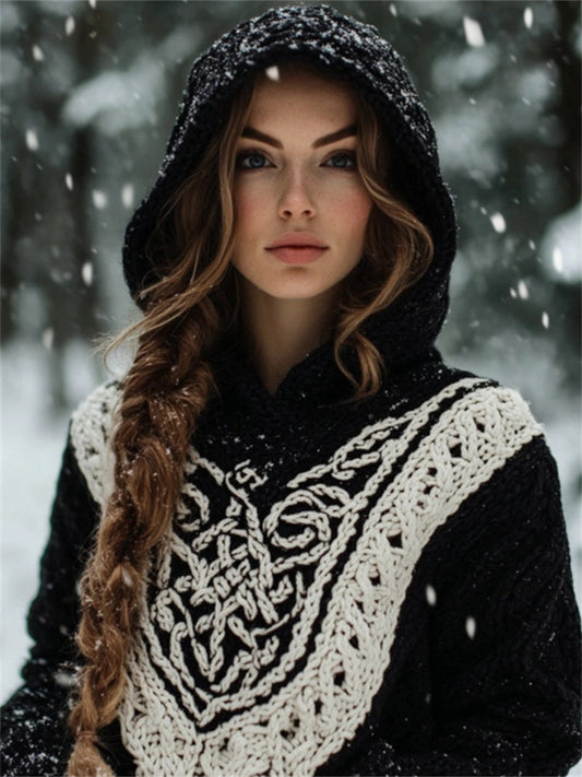 Vintage Celtic Knot Jacquard Contrast Hooded Chunky Sweater artswardrobe