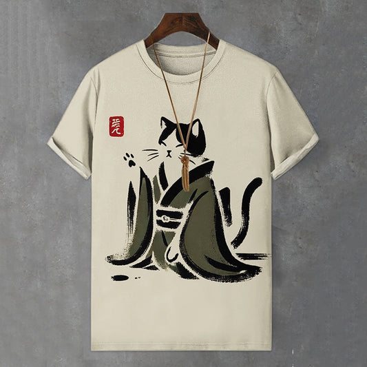 Men's Japanese Black Cat Art Print Comfortable T-shirt elevenforest