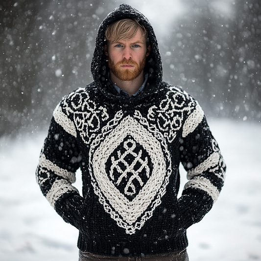 Men's Vintage Viking Celtic Jacquard Chunky Hooded Sweater artswardrobe