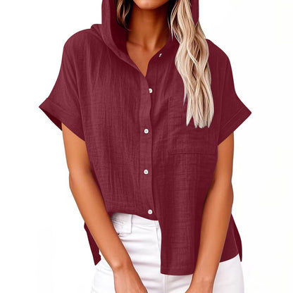 Women's Solid Color Linen Vintage Hooded Shirt artswardrobe