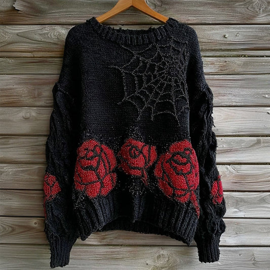Vintage Roses & Spider Web Glitter Embroidered Cozy Sweater artswardrobe