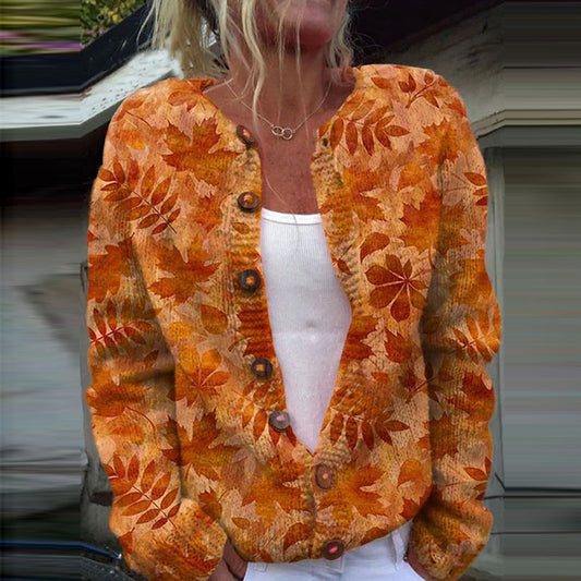 Autumn Maple Leaf Print Knitted Cardigan artswardrobe