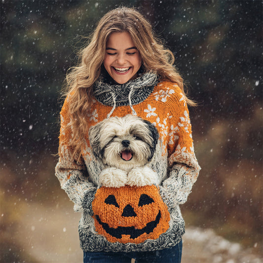 Halloween Cute Pet Dog Women's Knit Hooded Sweater artswardrobe
