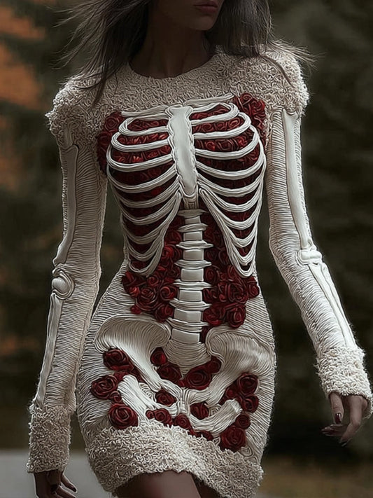 Women's Halloween Skeleton Rose Art Round Neck Mini Skirt artswardrobe