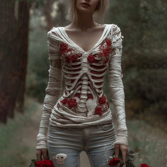 Women's Halloween Skeleton Rose Elegant Bandage V-neck Sweater artswardrobe