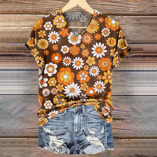 Women's Floral Art Print V-Neck Cotton T-Shirt
