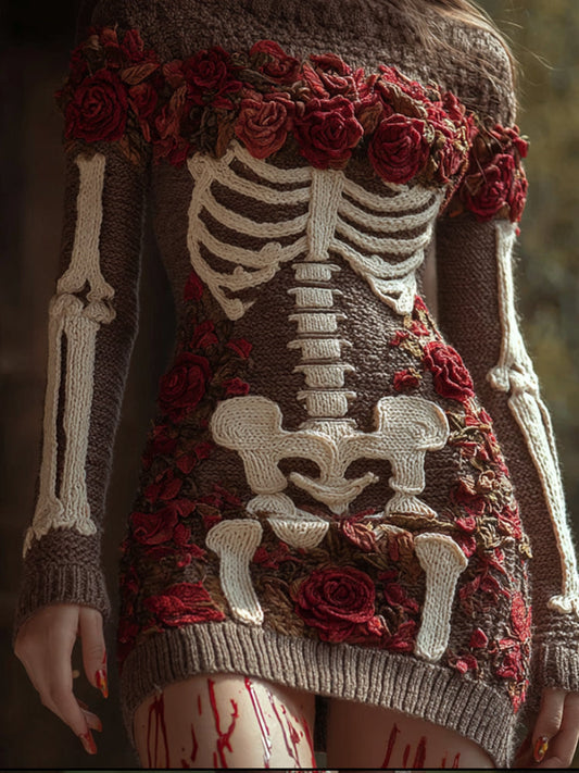 Women's Halloween Skeleton And Rose Round Neck Sweater artswardrobe