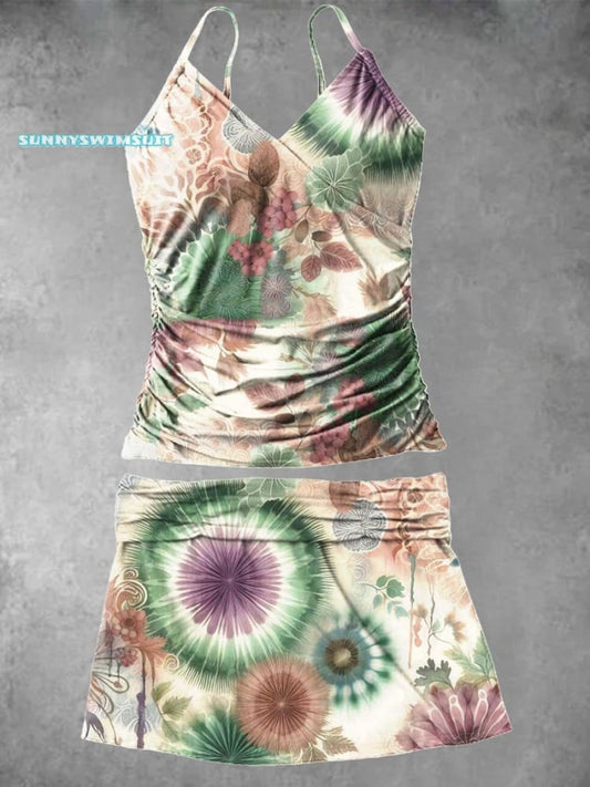 V-Neck Vintage Flower Pattern Art Print Suspender Skirt Tankini Pantskirt Set Swimsuit