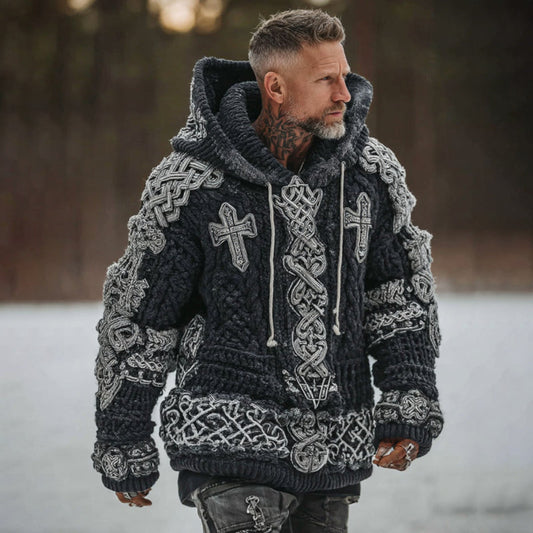 Men's Viking Celtic Art Cozy Jacquard Knit Hooded Sweater artswardrobe