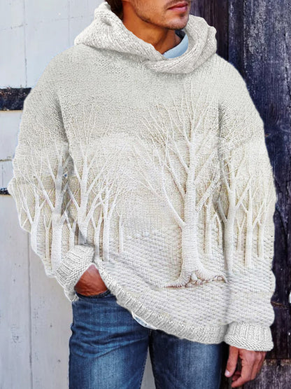 Men's Winter Forest Landscape Crochet Cozy Hooded Sweater artswardrobe