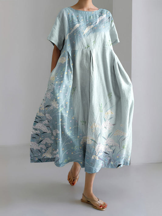 Japanese Art Flower Print Casual Round Neck Short Sleeve Midi Dress