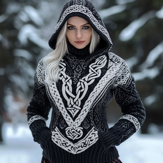 Women's Vintage Viking Celtic Jacquard Chunky Hooded Sweater artswardrobe