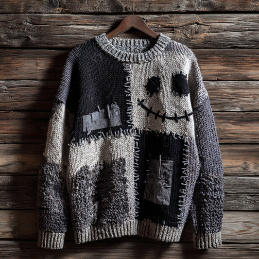 Halloween Pumpkin Face Contrast Stitched Cozy Knit Sweater artswardrobe