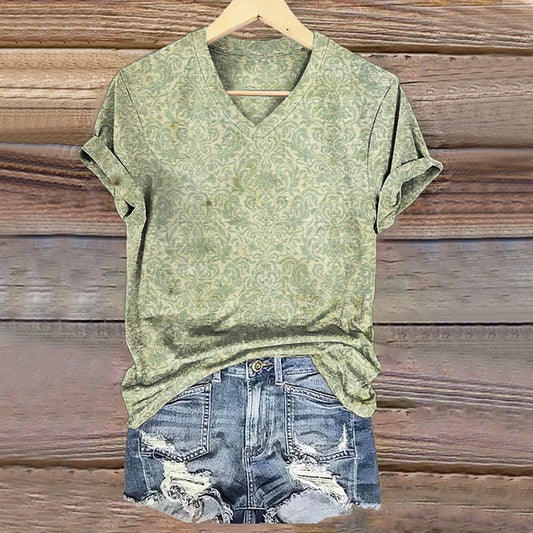 Women's Vintage Ethnic Floral Art Print V-neck Casual T-Shirt