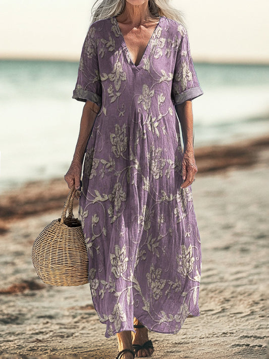 Women's Vintage Floral Art Pattern Print Pocket V-neck Cotton Dress