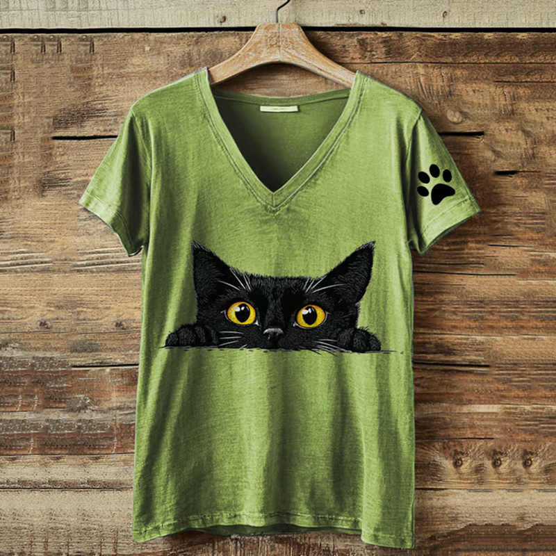 Comstylish Abstract Creative Cute Cat Printed V Neck T-shirt