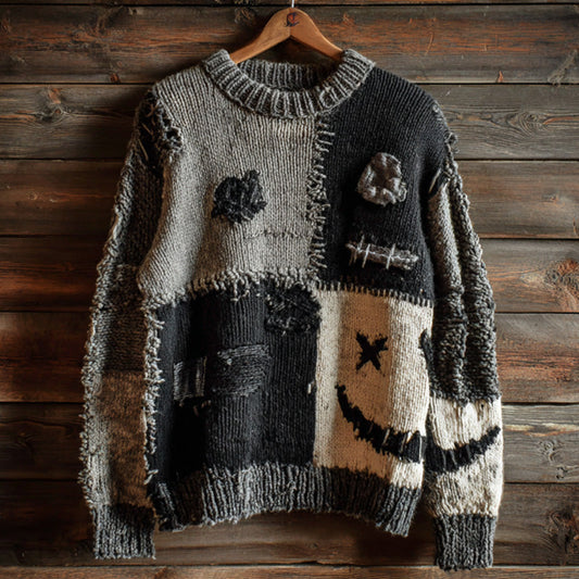 Halloween Pumpkin Face Contrast Stitched Cozy Knit Sweater artswardrobe