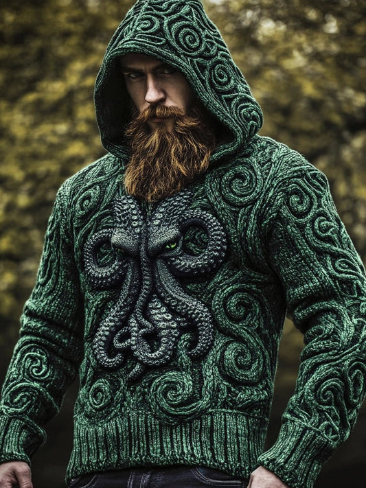 Men's Retro Cthulu Celtic Jacquard Chunky Hooded Sweater artswardrobe