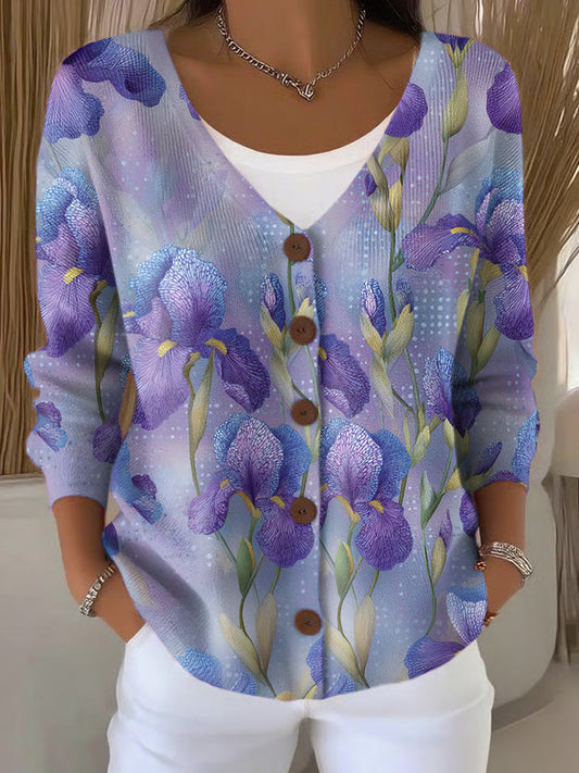 Women's Casual Purple Floral Art Print Cardigan artswardrobe