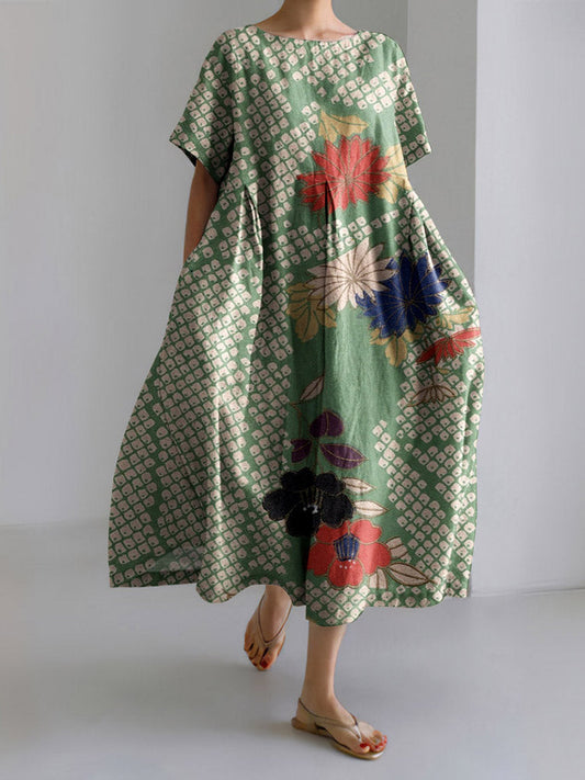 Vintage Japanese Art Floral Print Short Sleeved Loose Midi Dress