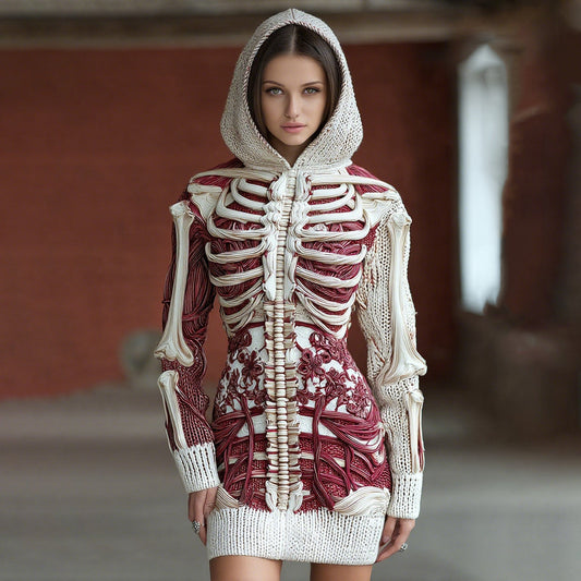 Women's Halloween Skeleton Bones With Floral Art Cozy Knit Hooded Sweater Dress artswardrobe