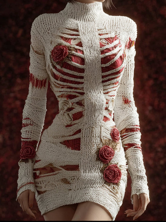 Women's Halloween Skeleton Rose Art Slimming Round Neck Mini Skirt artswardrobe