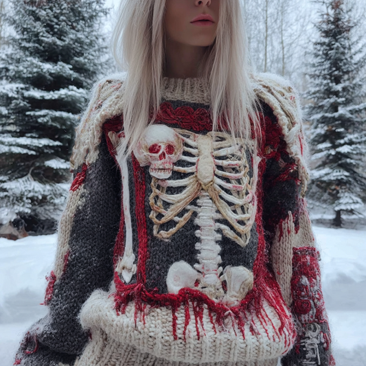 Lady's Halloween Gothic Style Skull Skeleton Pattern Knitted Sweater artswardrobe