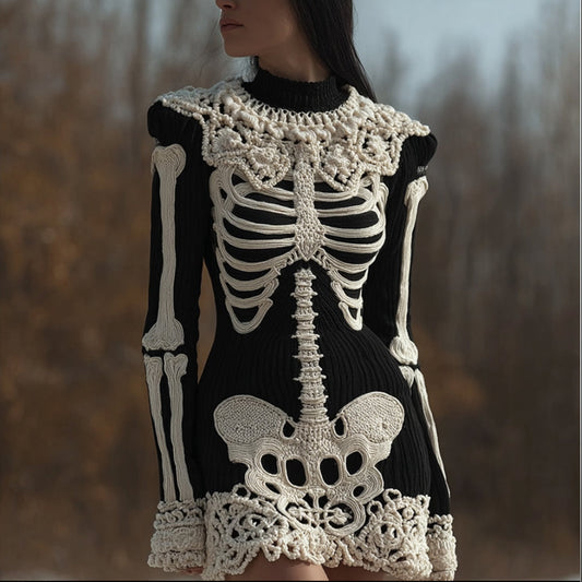 Women's Halloween Skeleton Flower Lace Embroidered Round Neck Mini Skirt artswardrobe
