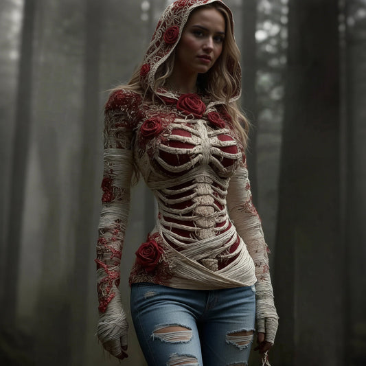 Women's Vintage Red Rose Skeleton Art Knit Hooded Sweater artswardrobe