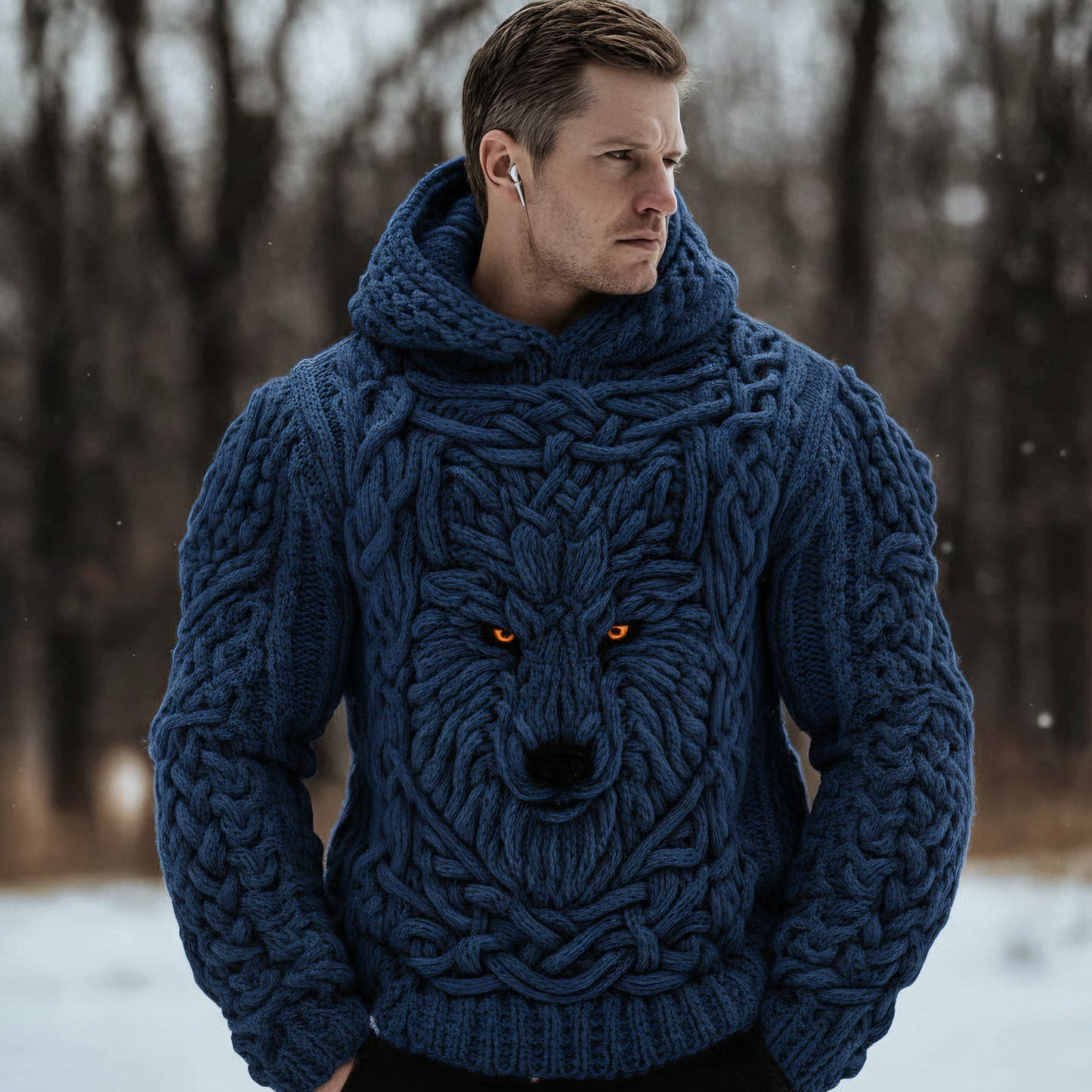 Men's Viking Celtic Wolf Knit Chunky Hooded Sweater artswardrobe
